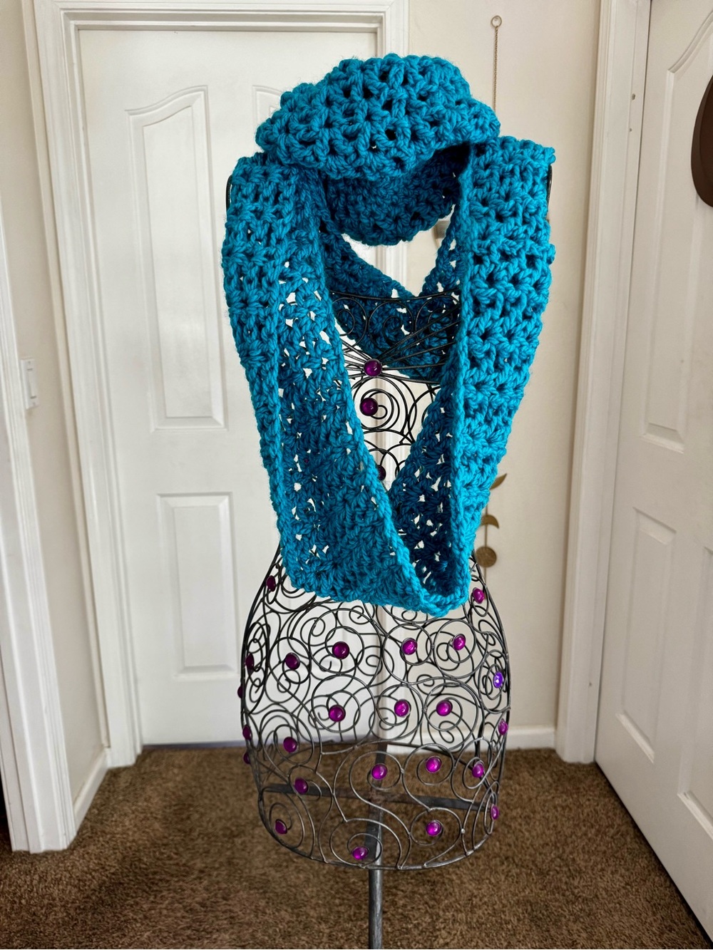 Handmade Teal Crochet Hat and Infinity Scarf Set